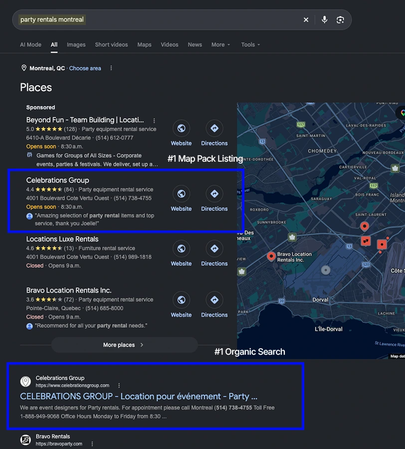 Google search results for party rentals Montreal showing Celebrations Group as the number one map pack listing with 4.4 stars from 84 reviews and the number one organic result, both outlined in blue
